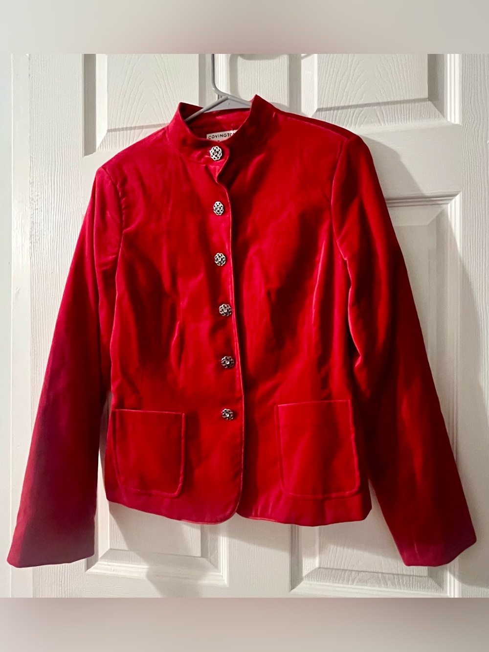 Covington Red Velvet Stand-Collar Jacket with Decorative Buttons